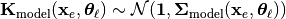 \mathbf{K}_\mathrm{model}(\mathbf{x}_e,\bm{\theta}_\ell) \sim \mathcal{N}(\mathbf{1}, \bm{\Sigma}_\mathrm{model}(\mathbf{x}_e,\bm{\theta}_\ell))